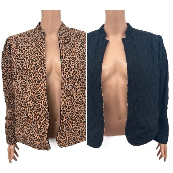 Something Navy Leopard Black Reversible Quilted Jacket NWT - Picture 1 of 14